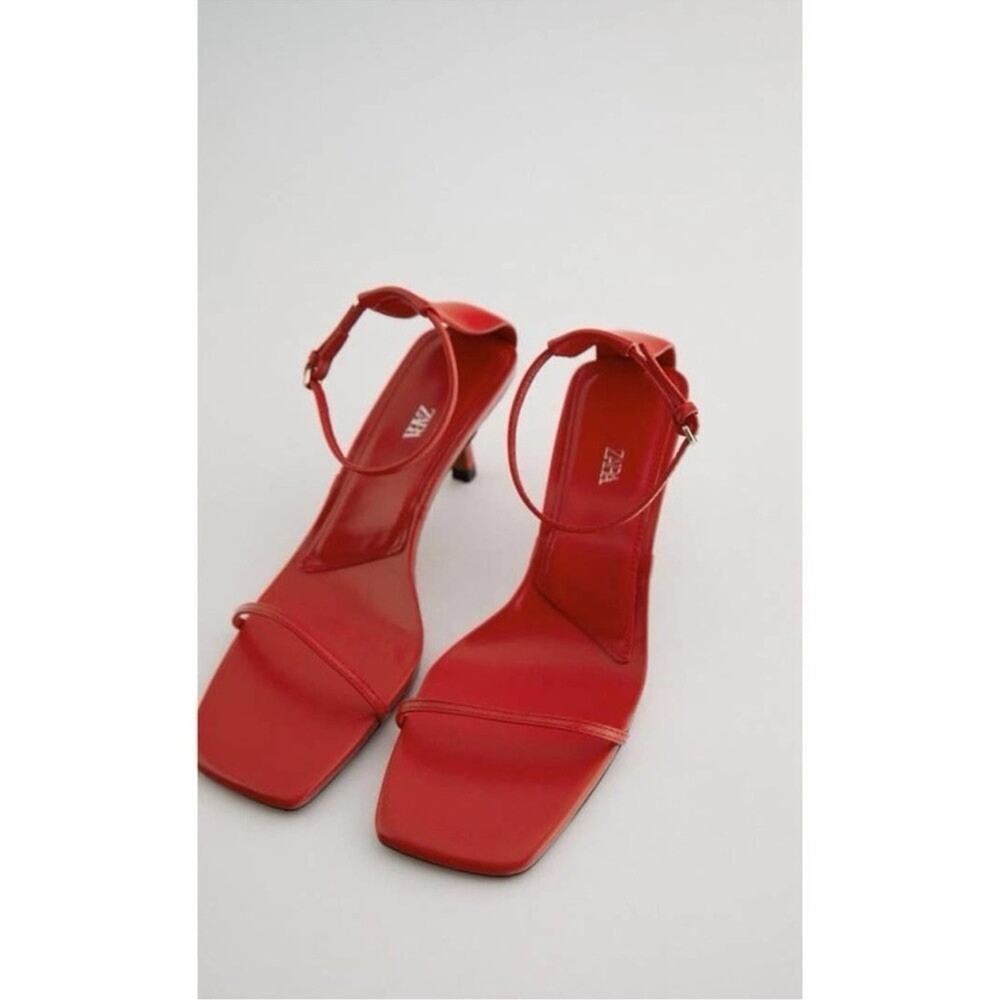 ZARA Red Leather Strappy Heels Square Toe Ankle Strap Sandals EU 42 US 11 - Picture 3 of 11